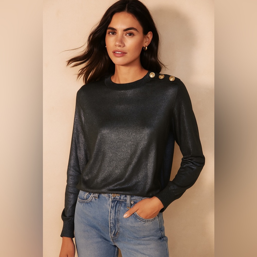 Balmain Metallic Black Crewneck Sweater with Gold Buttons